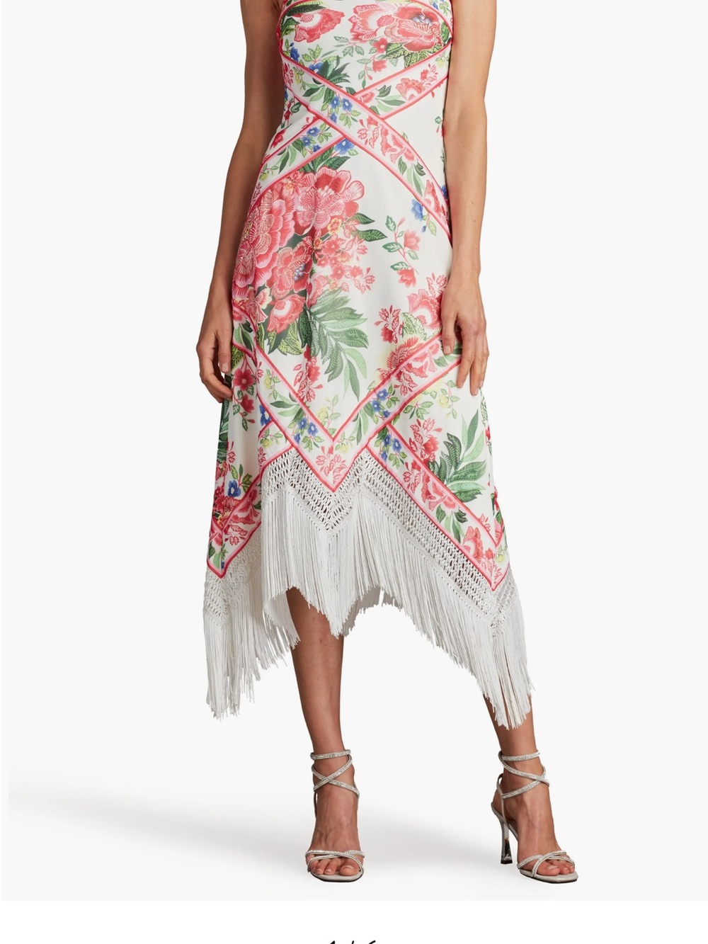 Tadashi Shoji Pink and White Floral Fringe Asymmetrical Midi Skirt